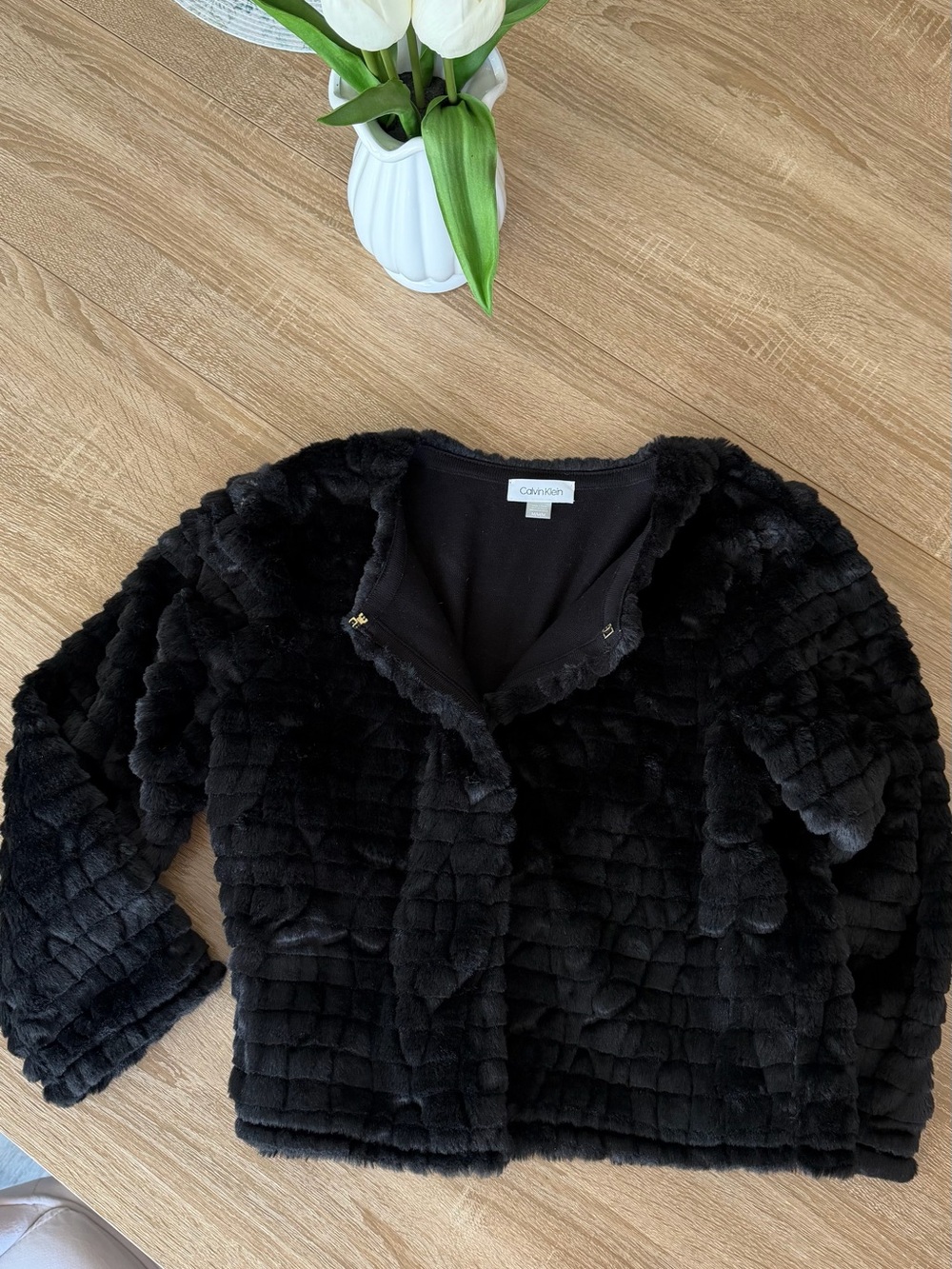 Calvin Klein Black Faux Fur Teddy Jacket - Short Plush Coat